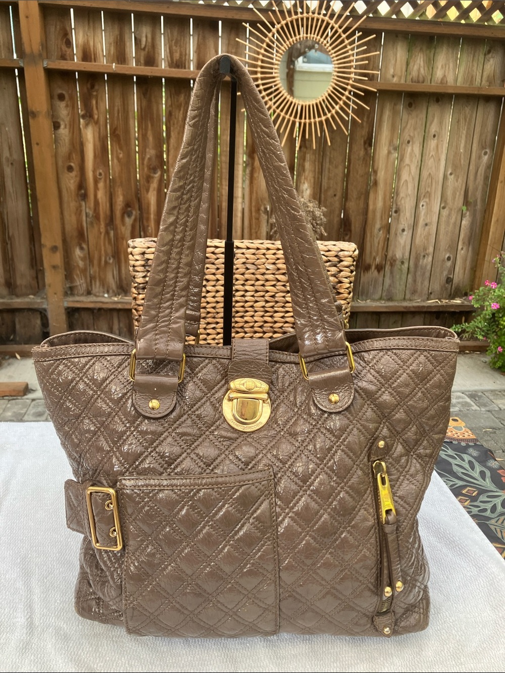 Marc Jacobs Made in Italy Mocha Brown Quilted Tote with gold buckle